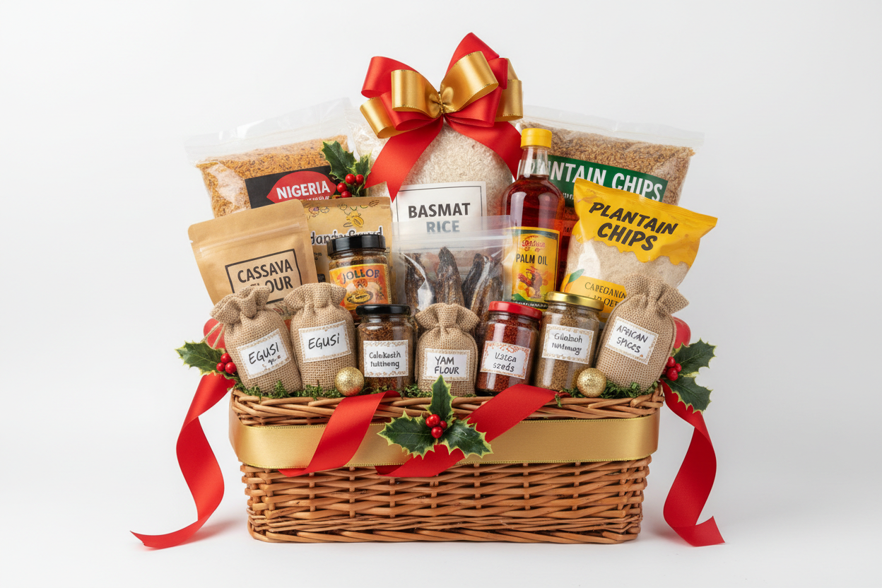 AFRICAN FOODSTUFFS CHRISTMAS GIFT HAMPER IN A RECTANGULAR BASKET